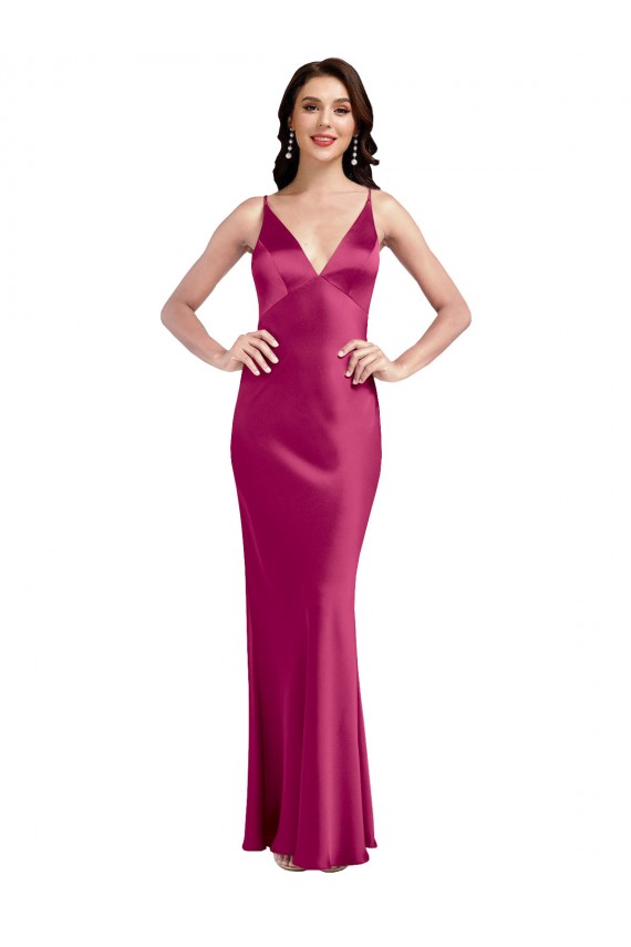 Boutique Trapèze Bretelles spaghetti Col V Satiné Stretch Longue Formelles Robes demoiselle d'honneur / Robes de soirée / Robes de bal