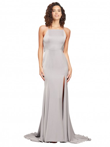 Boutique Trapèze Col Haut Balayage train Satiné Stretch Longue Formelles Robes demoiselle d'honneur / Robes de soirée / Robes de bal
