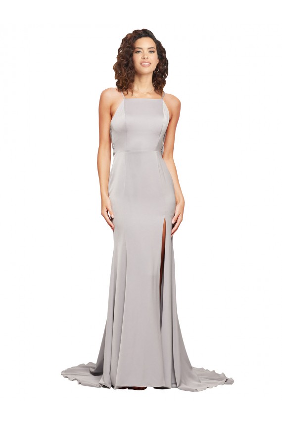 Boutique Trapèze Col Haut Balayage train Satiné Stretch Longue Formelles Robes demoiselle d'honneur / Robes de soirée / Robes de bal