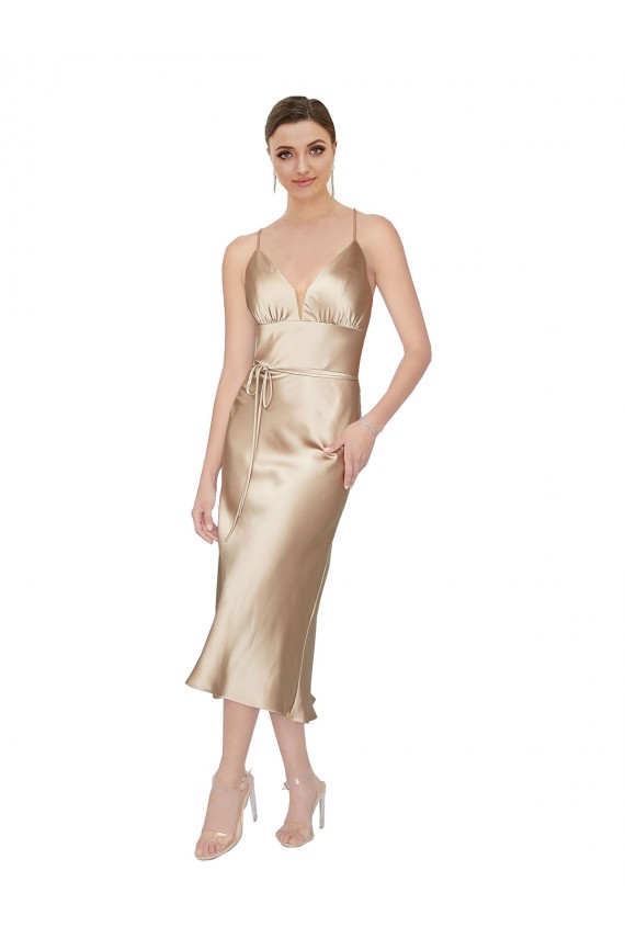 Boutique Trapèze Col V midi Satiné Soyeux Courte Robes demoiselle d'honneur / Robes de soirée / Robes de cocktail
