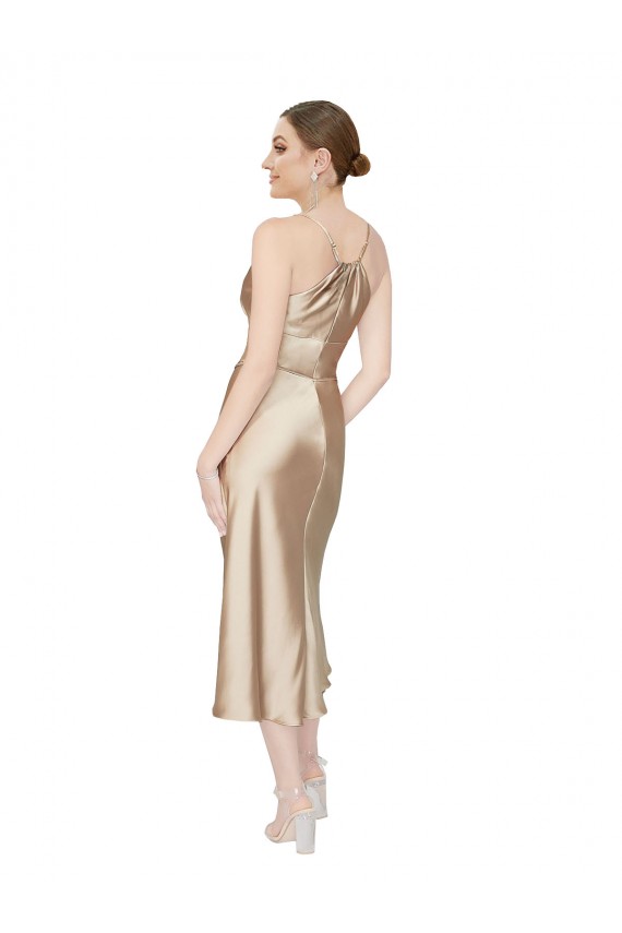 Boutique Trapèze Col V midi Satiné Soyeux Courte Robes demoiselle d'honneur / Robes de soirée / Robes de cocktail