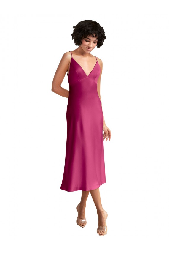 Boutique Trapèze Col V midi Satiné Stretch Courte Robes demoiselle d'honneur / Robes de soirée / Robes de cocktail