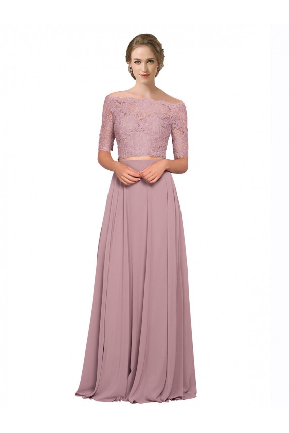 Boutique Trapèze Épaule Dénudée Mousseline Dentelle Longue Robes demoiselle d'honneur / Robes de bal