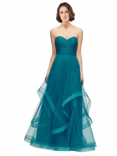 Boutique Turquoise Trapèze Sans bretelle Tulle Longue Robes demoiselle d'honneur