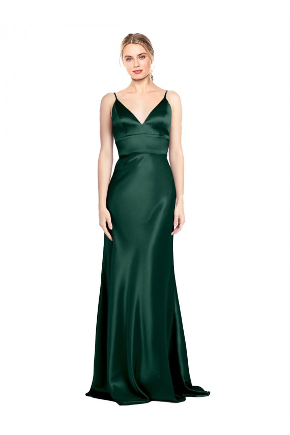 Boutique Vert Chasseur Fourreau Bretelles spaghetti Col V Satiné Stretch Longue Formelles Robes demoiselle d'honneur / Robes de soirée / Robes de bal