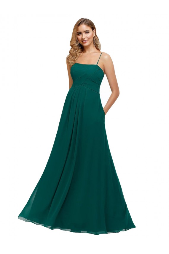 Boutique Vert Chasseur Trapèze Bretelles spaghetti Col Carré Mousseline Longue Robes demoiselle d'honneur