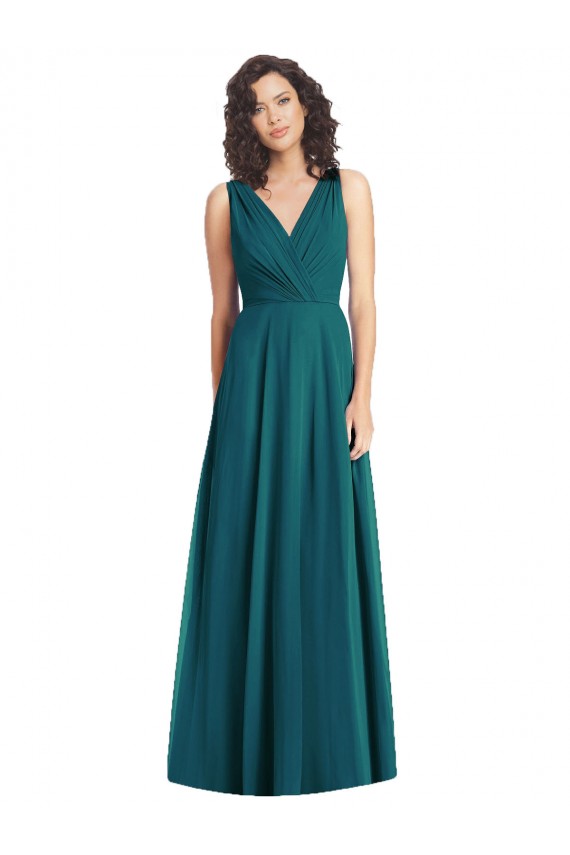 Boutique Vert Chasseur Trapèze Col V Mousseline Longue Robes demoiselle d'honneur