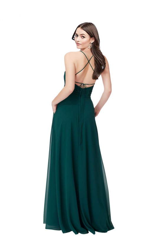 Boutique Vert Chasseur Trapèze Col V Mousseline Longue Robes demoiselle d'honneur