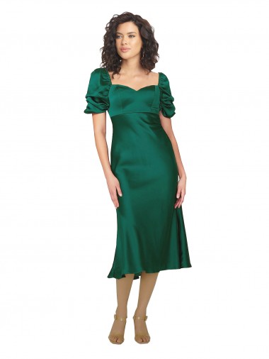Boutique Vert Chasseur Trapèze midi Satiné Soyeux Courte Robes demoiselle d'honneur / Robes de soirée / Robes de bal
