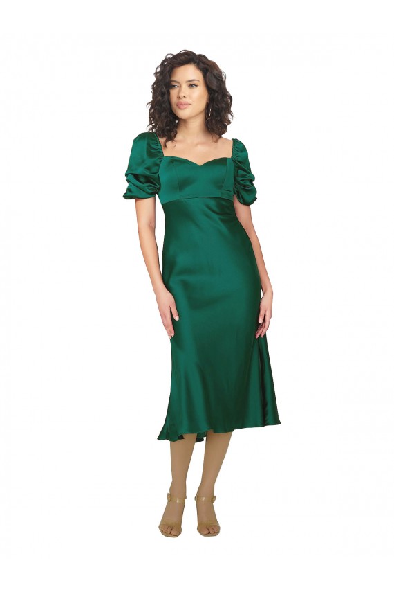 Boutique Vert Chasseur Trapèze midi Satiné Soyeux Courte Robes demoiselle d'honneur / Robes de soirée / Robes de bal