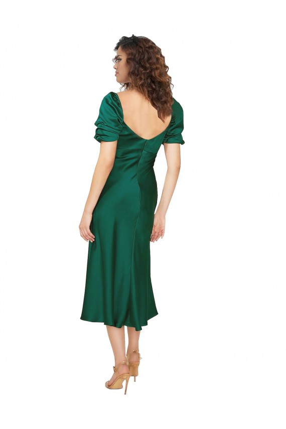 Boutique Vert Chasseur Trapèze midi Satiné Soyeux Courte Robes demoiselle d'honneur / Robes de soirée / Robes de bal