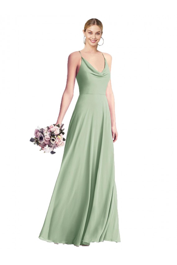 Boutique Vert Sauge Trapèze Bretelles spaghetti Mousseline Longue Robes demoiselle d'honneur