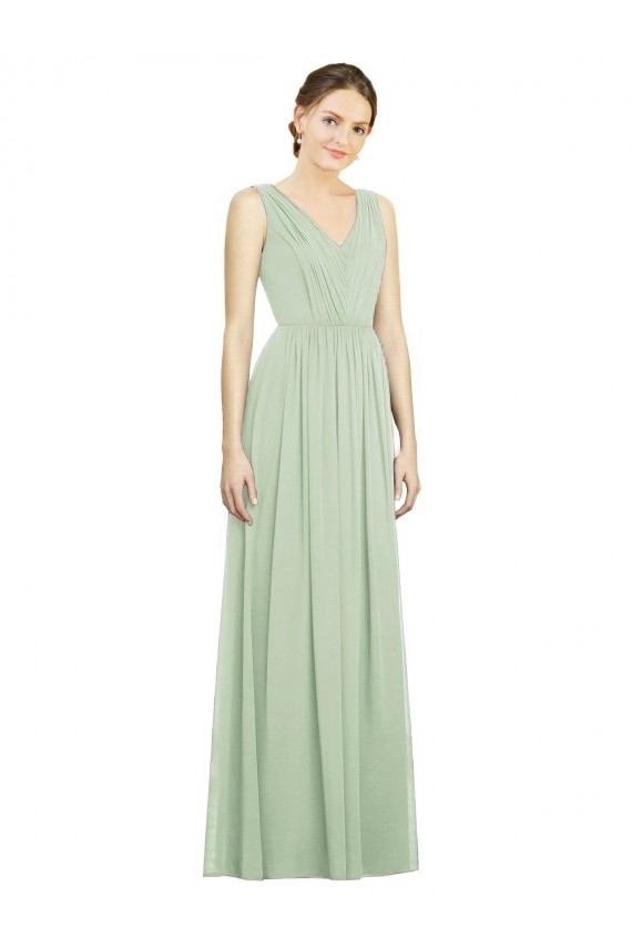 Boutique Vert Sauge Trapèze Col V Mousseline Longue Robes demoiselle d'honneur