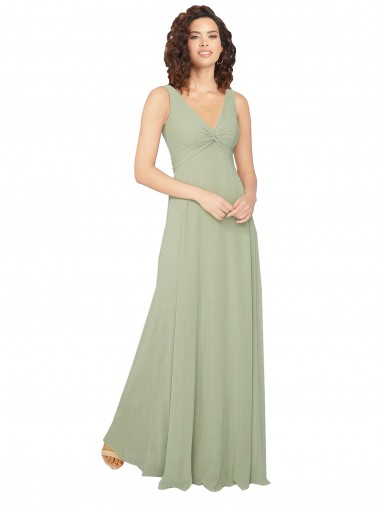 Boutique Vert Sauge Trapèze Col V Mousseline Longue Robes demoiselle d'honneur