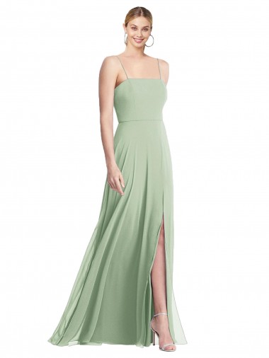 Boutique Vert Sauge Trompette Bretelles spaghetti Col Carré Mousseline Longue Formelles Robes demoiselle d'honneur / Robes de soirée