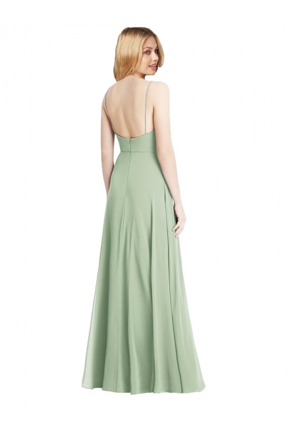 Boutique Vert Sauge Trompette Bretelles spaghetti Col Carré Mousseline Longue Formelles Robes demoiselle d'honneur / Robes de soirée