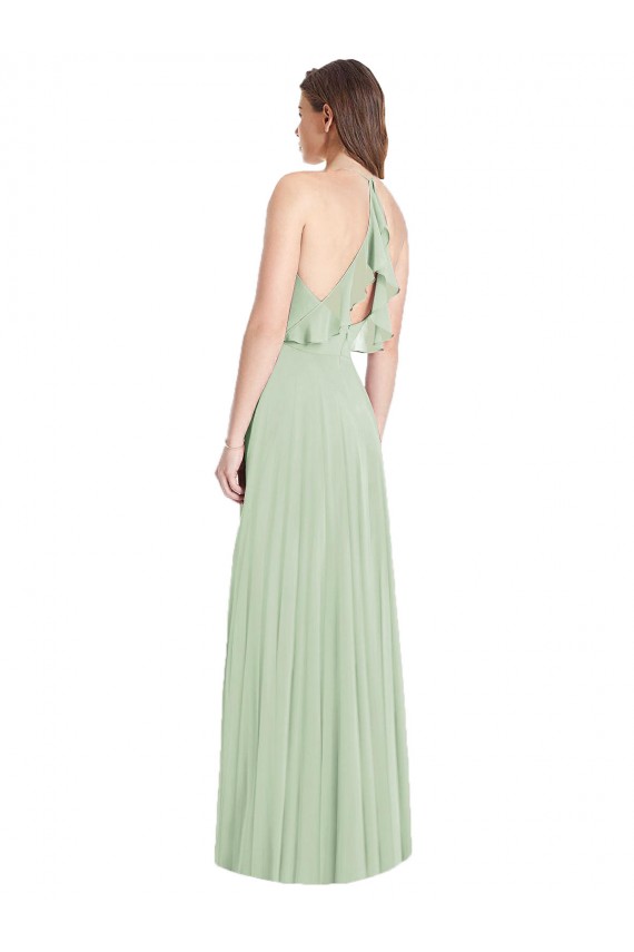 Boutique Vert Sauge Trompette Bretelles spaghetti Col V Mousseline Longue Robes demoiselle d'honneur