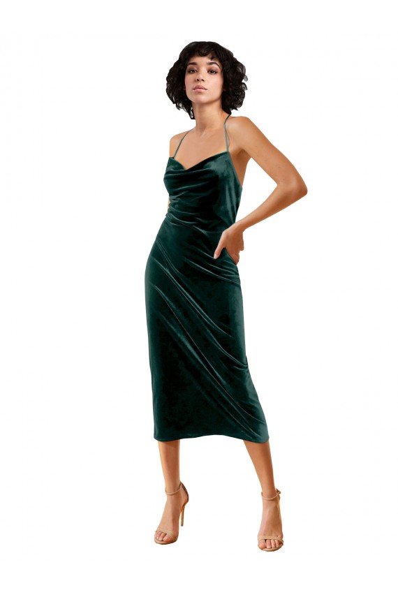 Boutique Vert foncé Fourreau Bretelles spaghetti midi Velours Stretch Courte Robes demoiselle d'honneur / Robes de soirée / Robes de cocktail