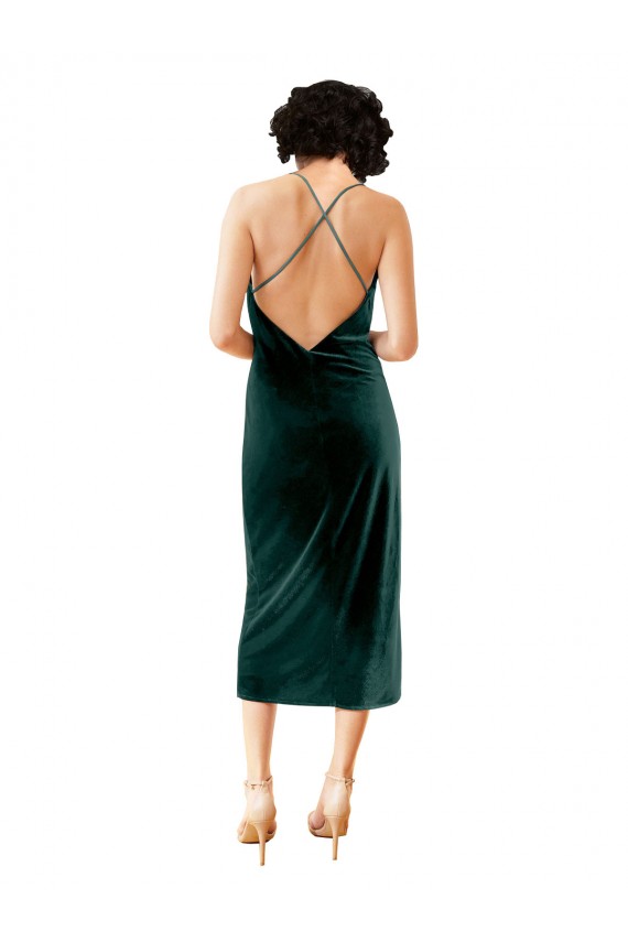 Boutique Vert foncé Fourreau Bretelles spaghetti midi Velours Stretch Courte Robes demoiselle d'honneur / Robes de soirée / Robes de cocktail