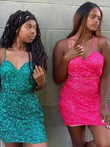 Boutique Vert foncé Fourreau Col V Courte Paillettes Velours Courte Robes de bal