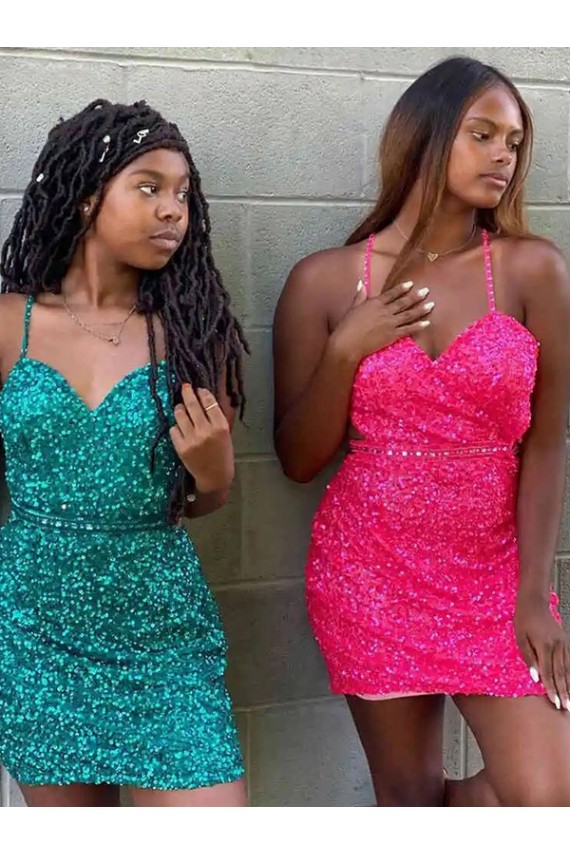 Boutique Vert foncé Fourreau Col V Courte Paillettes Velours Courte Robes de bal