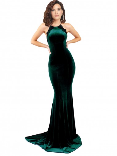 Boutique Vert foncé Sirène Col Haut Balayage train Velours Stretch Longue Formelles Robes demoiselle d'honneur / Robes de soirée / Robes de bal