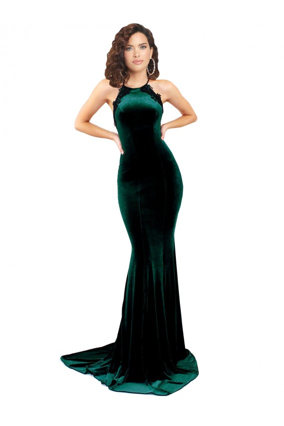 Boutique Vert foncé Sirène Col Haut Balayage train Velours Stretch Longue Formelles Robes demoiselle d'honneur / Robes de soirée / Robes de bal