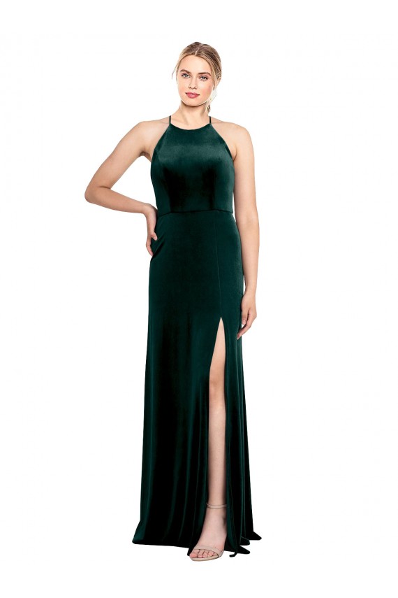 Boutique Vert foncé Trapèze Bretelles spaghetti Col bijou Velours Stretch Longue Robes demoiselle d'honneur / Robes de bal