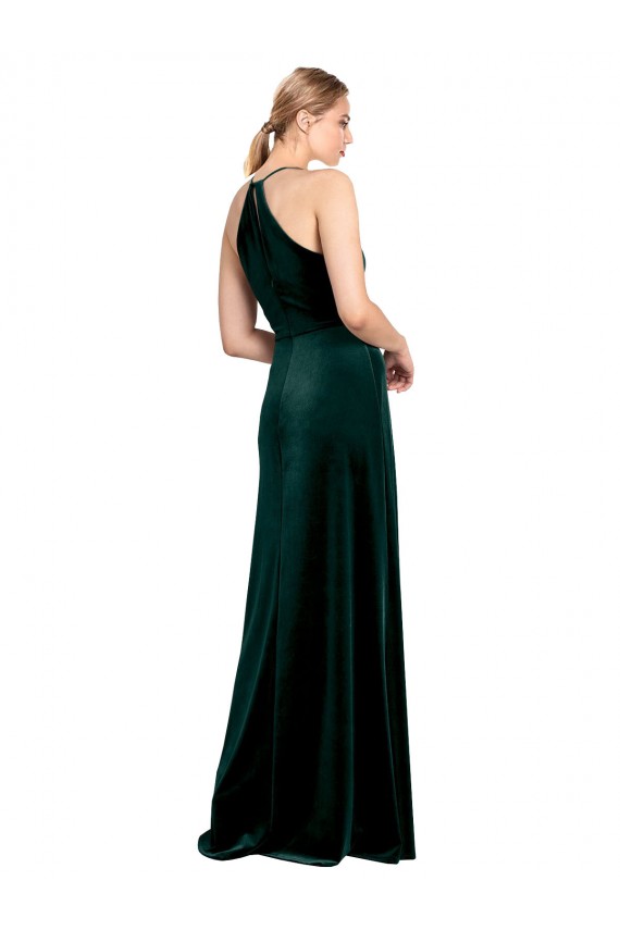 Boutique Vert foncé Trapèze Bretelles spaghetti Col bijou Velours Stretch Longue Robes demoiselle d'honneur / Robes de bal