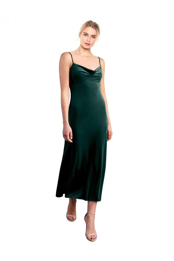 Boutique Vert foncé Trapèze Bretelles spaghetti midi Velours Stretch Courte Robes demoiselle d'honneur / Robes de bal / Robes de cocktail