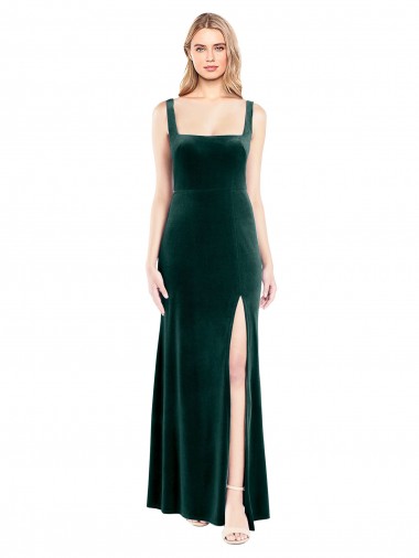 Boutique Vert foncé Trapèze Col Carré Velours Stretch Longue Robes demoiselle d'honneur / Robes de bal
