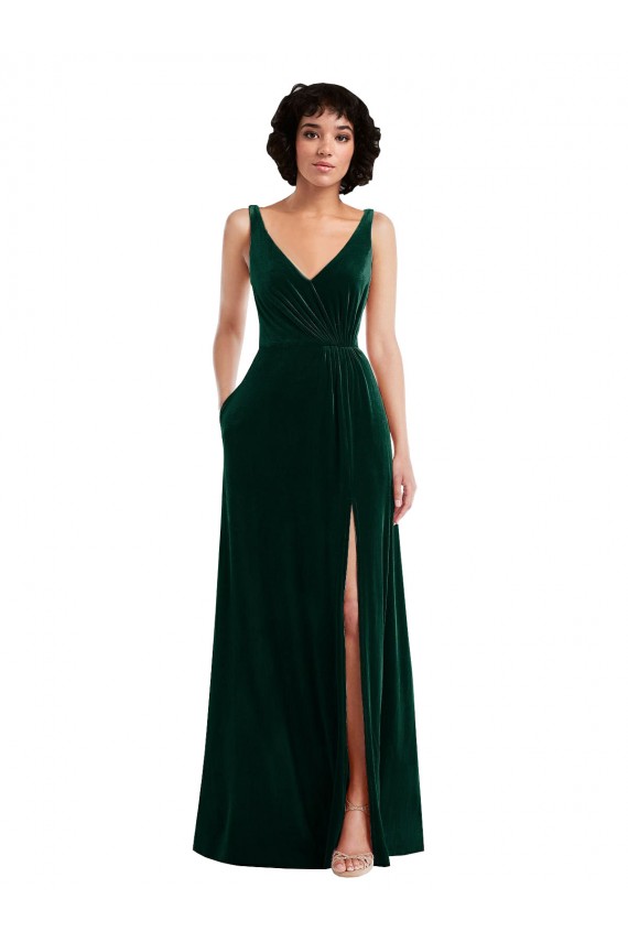 Boutique Vert foncé Trapèze Col V Velours Stretch Longue Robes demoiselle d'honneur / Robes de bal