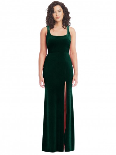 Boutique Vert foncé Trompette Col Carré Velours Stretch Longue Robes demoiselle d'honneur / Robes de bal