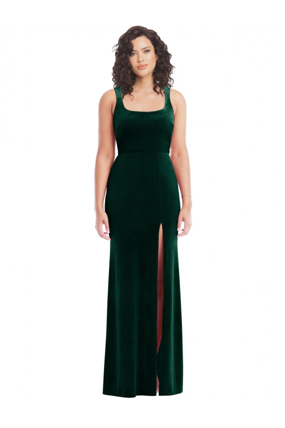 Boutique Vert foncé Trompette Col Carré Velours Stretch Longue Robes demoiselle d'honneur / Robes de bal