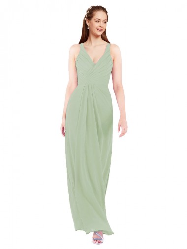 Boutique Vert fumée Fourreau Col V Mousseline Longue Robes demoiselle d'honneur