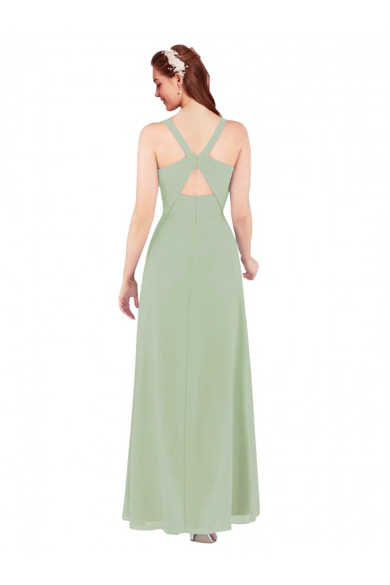 Boutique Vert fumée Fourreau Col V Mousseline Longue Robes demoiselle d'honneur