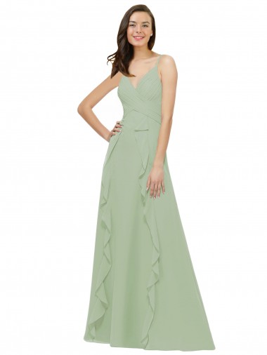 Boutique Vert fumée Trapèze Bretelles spaghetti Col V Mousseline Longue Robes demoiselle d'honneur