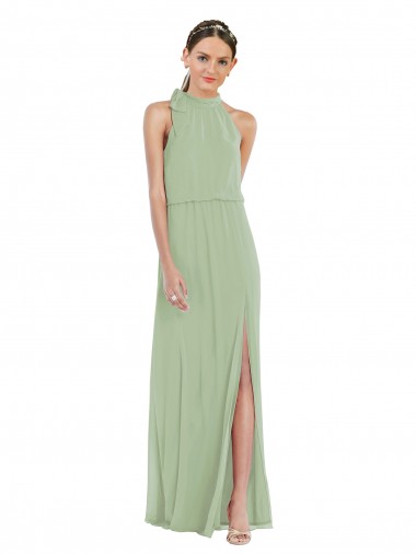 Boutique Vert fumée Trapèze Col Haut Mousseline Longue Robes demoiselle d'honneur