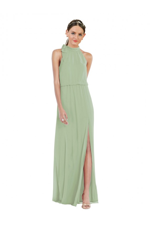 Boutique Vert fumée Trapèze Col Haut Mousseline Longue Robes demoiselle d'honneur