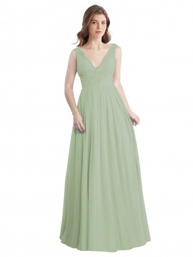 Boutique Vert fumée Trapèze Col V Mousseline Longue Robes demoiselle d'honneur