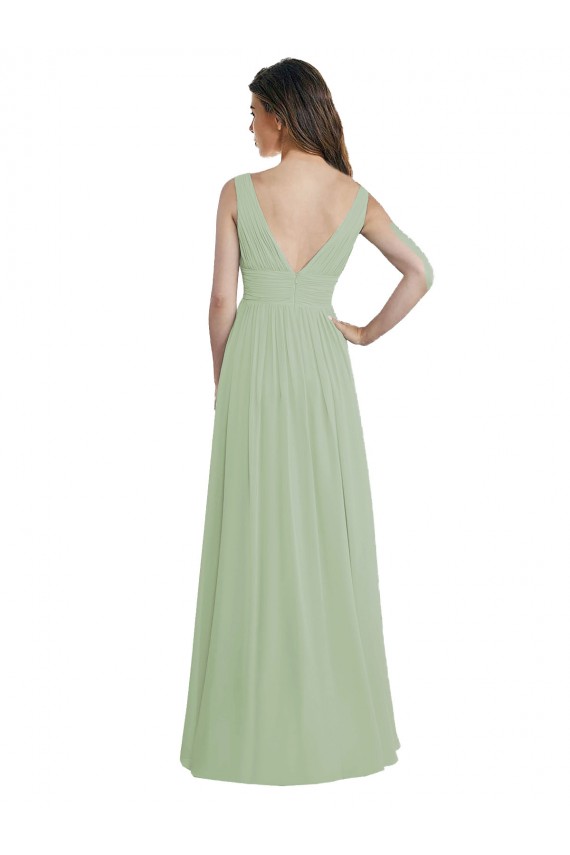 Boutique Vert fumée Trapèze Col V Mousseline Longue Robes demoiselle d'honneur
