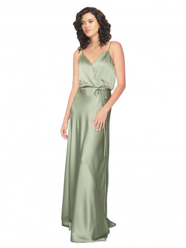 Boutique Vert fumée Trapèze Col V Satiné Soyeux Longue Formelles Robes demoiselle d'honneur / Robes de soirée