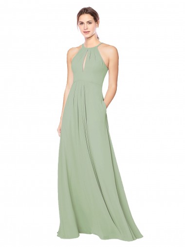 Boutique Vert fumée Trapèze Licou Mousseline Longue Robes demoiselle d'honneur