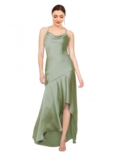 Boutique Vert fumée Trapèze Satiné Soyeux Longue Asymétrique Formelles Robes demoiselle d'honneur / Robes de soirée / Robes de bal