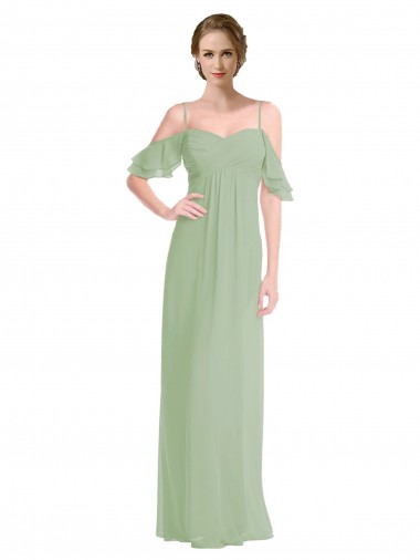 Boutique Vert fumée Trapèze Épaule Dénudée Bretelles spaghetti Mousseline Longue Robes demoiselle d'honneur