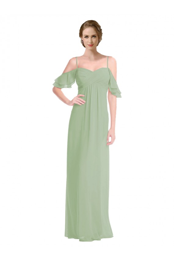 Boutique Vert fumée Trapèze Épaule Dénudée Bretelles spaghetti Mousseline Longue Robes demoiselle d'honneur