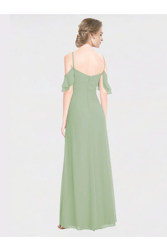 Boutique Vert fumée Trapèze Épaule Dénudée Bretelles spaghetti Mousseline Longue Robes demoiselle d'honneur