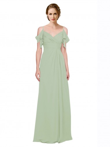 Boutique Vert fumée Trapèze Épaule Dénudée Bretelles spaghetti Mousseline Longue Robes demoiselle d'honneur