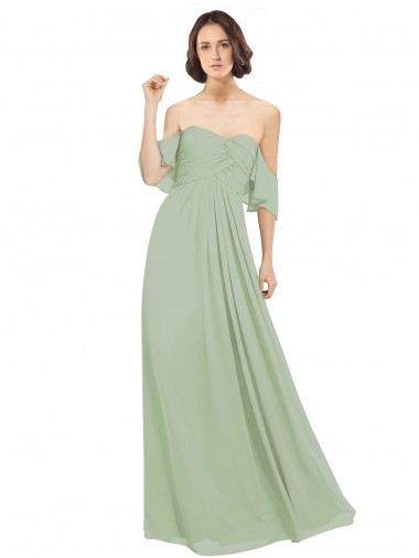 Boutique Vert fumée Trapèze Épaule Dénudée Mousseline Longue Robes demoiselle d'honneur