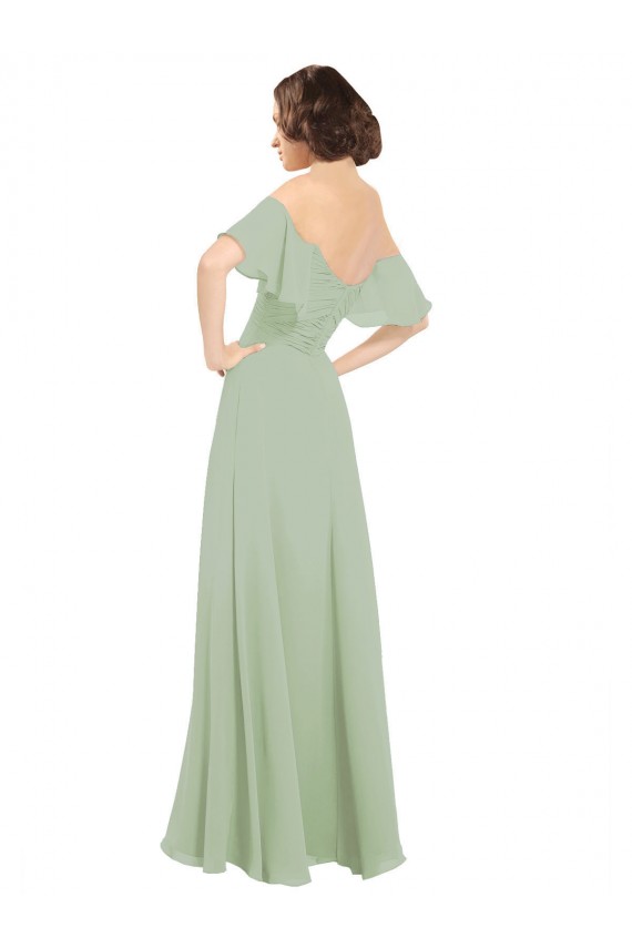 Boutique Vert fumée Trapèze Épaule Dénudée Mousseline Longue Robes demoiselle d'honneur